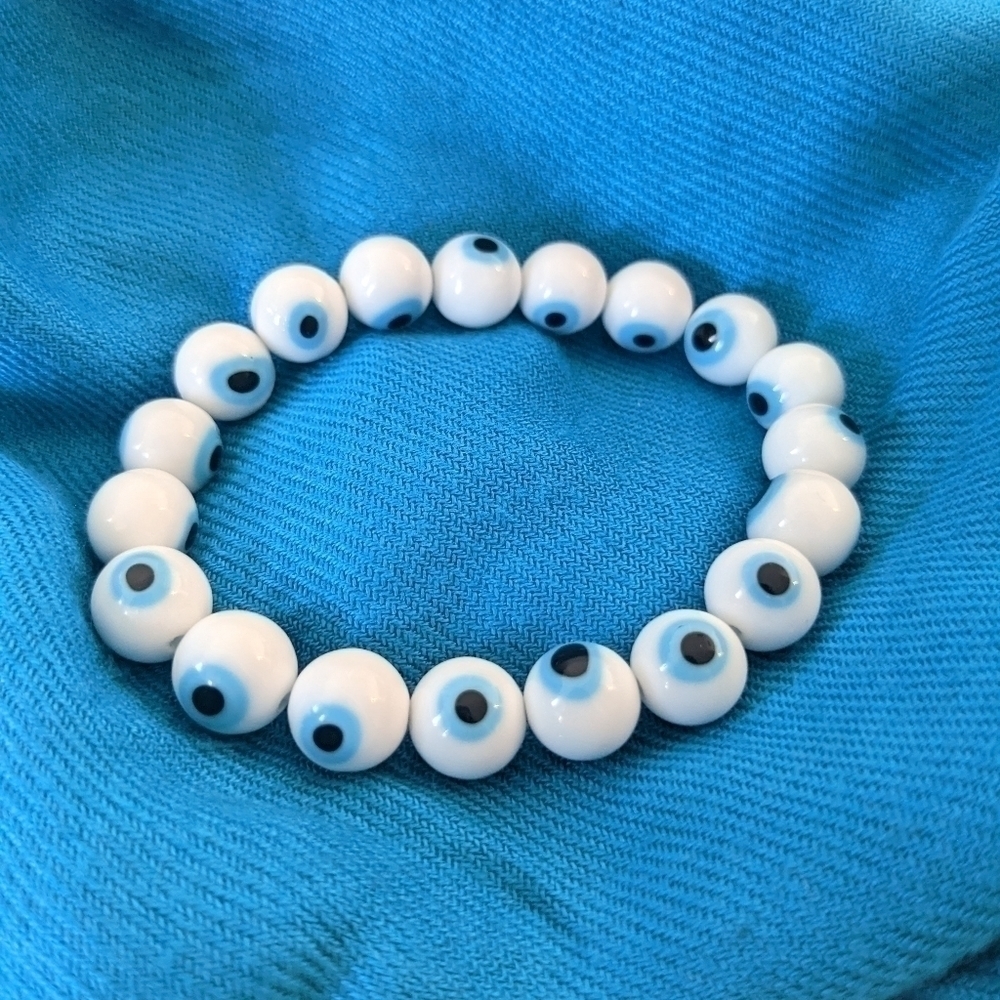 Evil Eye White Beaded  Stretch Bracelet | Handcrafted by me and New